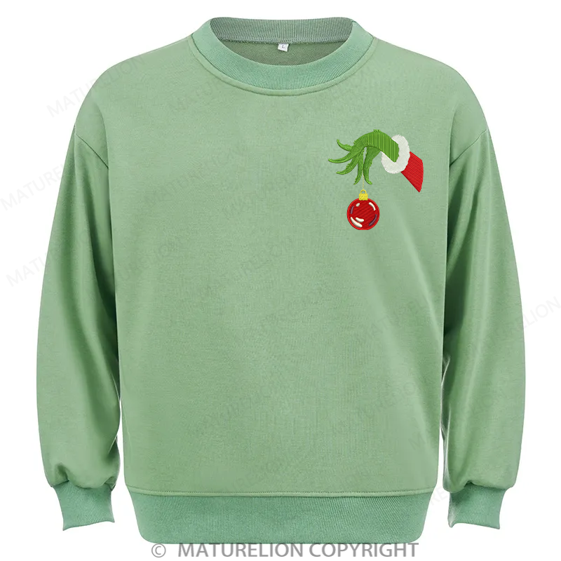 Maturelion Grinch Hand With Ornament Embroidery Christmas Cotton Sweatshirt