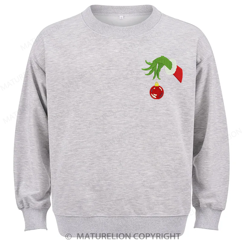 Maturelion Grinch Hand With Ornament Embroidery Christmas Cotton Sweatshirt