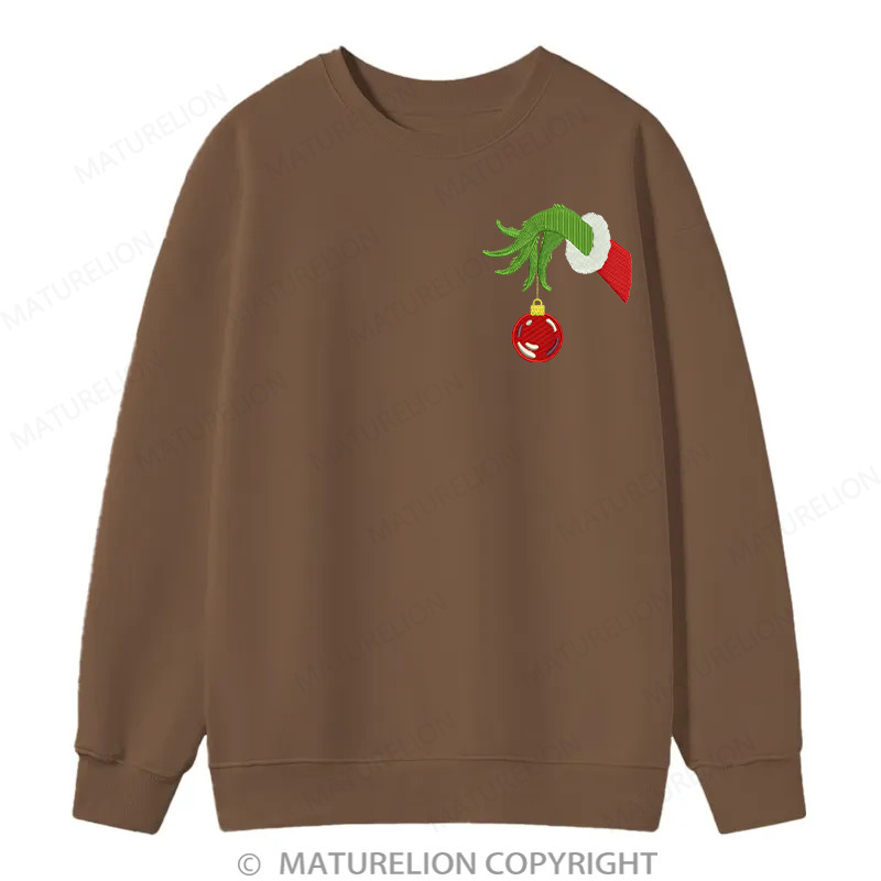 Maturelion Grinch Hand With Ornament Embroidery Christmas Cotton Sweatshirt
