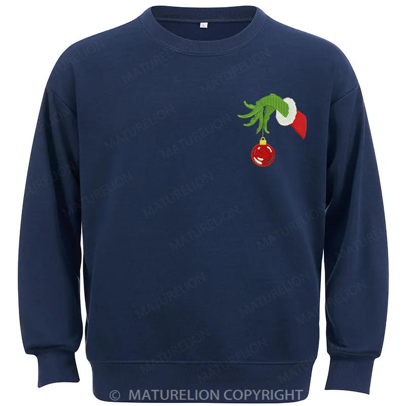 Maturelion Grinch Hand With Ornament Embroidery Christmas Cotton Sweatshirt