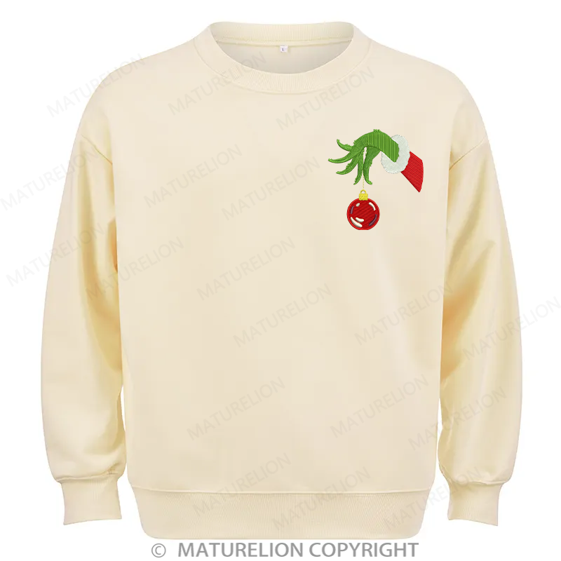 Maturelion Grinch Hand With Ornament Embroidery Christmas Cotton Sweatshirt