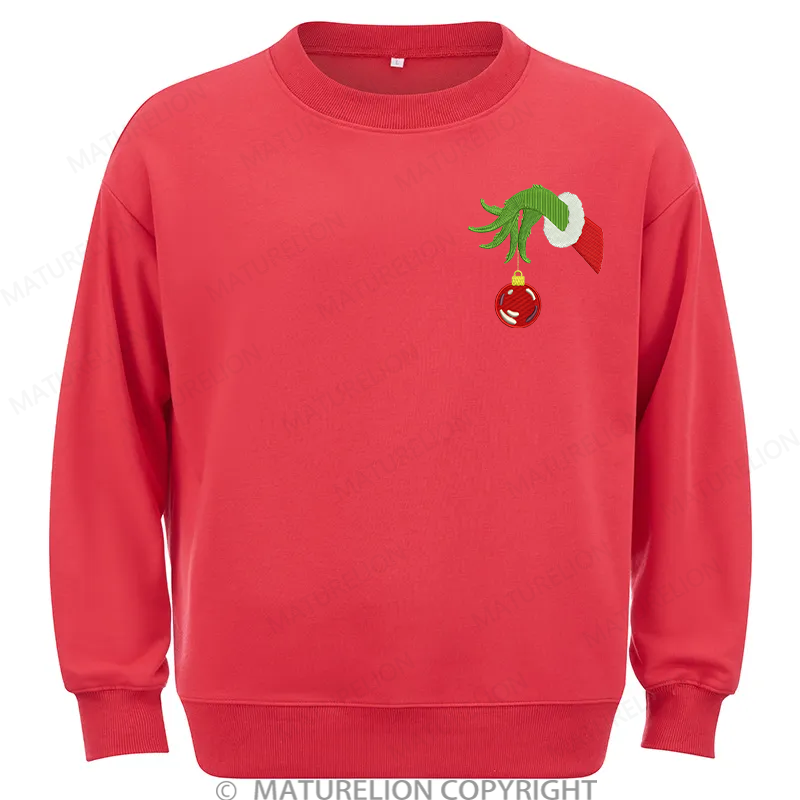 Maturelion Grinch Hand With Ornament Embroidery Christmas Cotton Sweatshirt