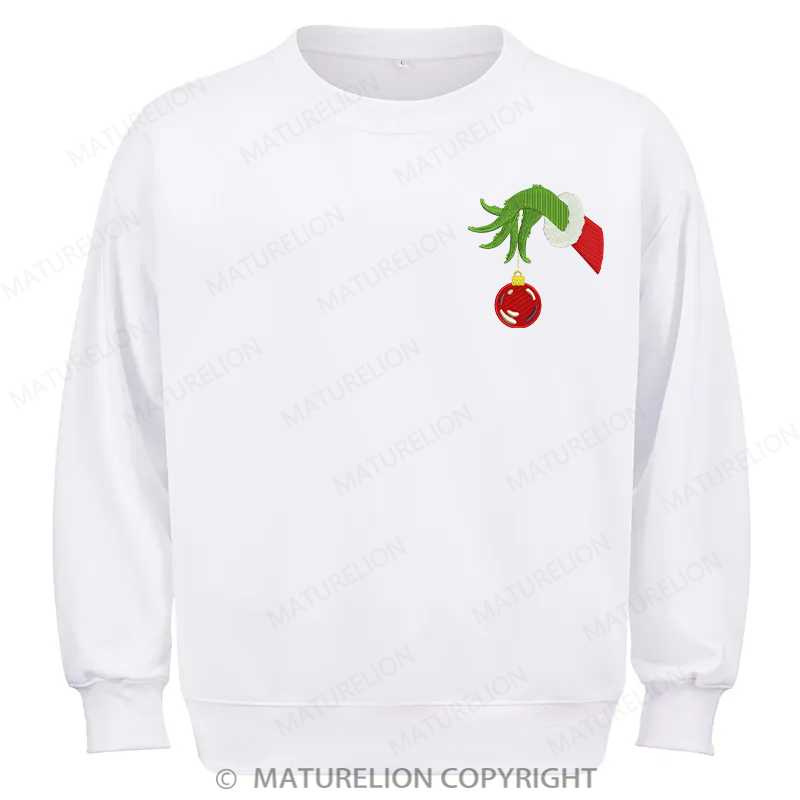 Maturelion Grinch Hand With Ornament Embroidery Christmas Cotton Sweatshirt