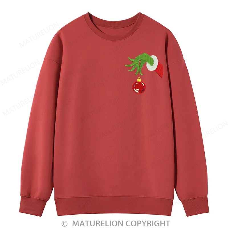Maturelion Grinch Hand With Ornament Embroidery Christmas Cotton Sweatshirt