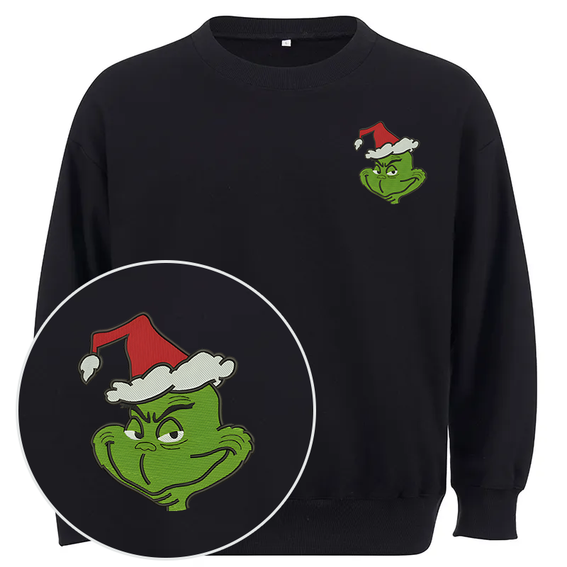 Maturelion Grinch Head Embroidery  Christmas Cotton Sweatshirt