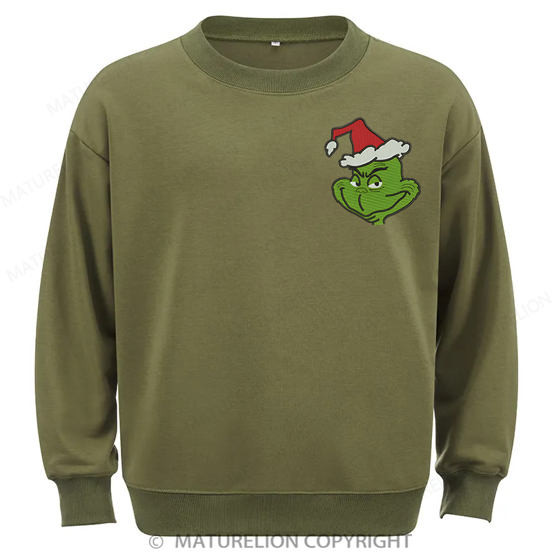 Maturelion Grinch Head Embroidery  Christmas Cotton Sweatshirt