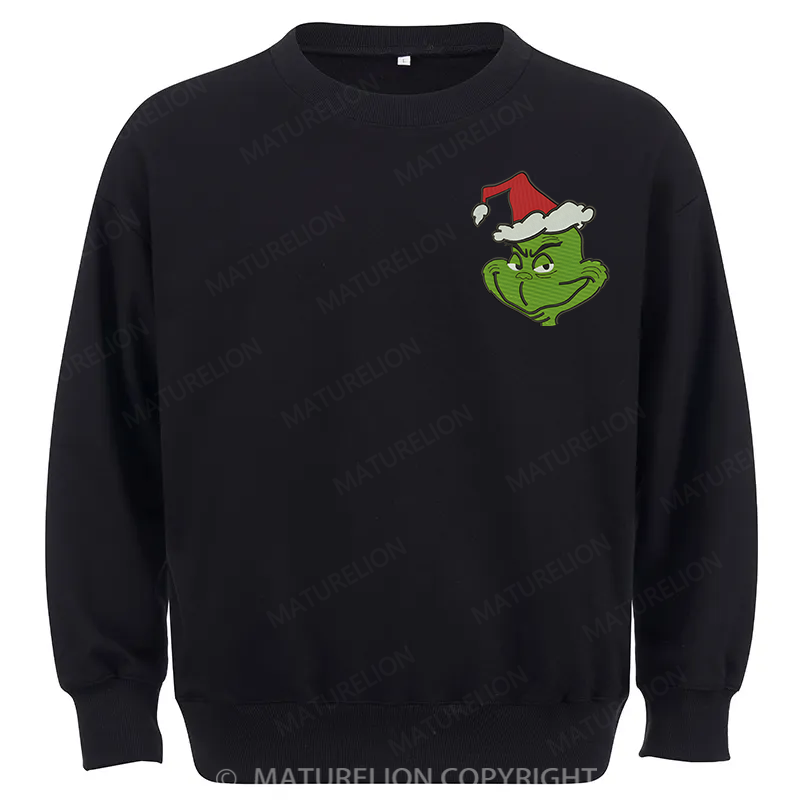 Maturelion Grinch Head Embroidery  Christmas Cotton Sweatshirt