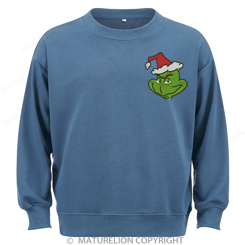 Maturelion Grinch Head Embroidery  Christmas Cotton Sweatshirt