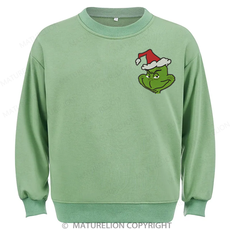 Maturelion Grinch Head Embroidery  Christmas Cotton Sweatshirt