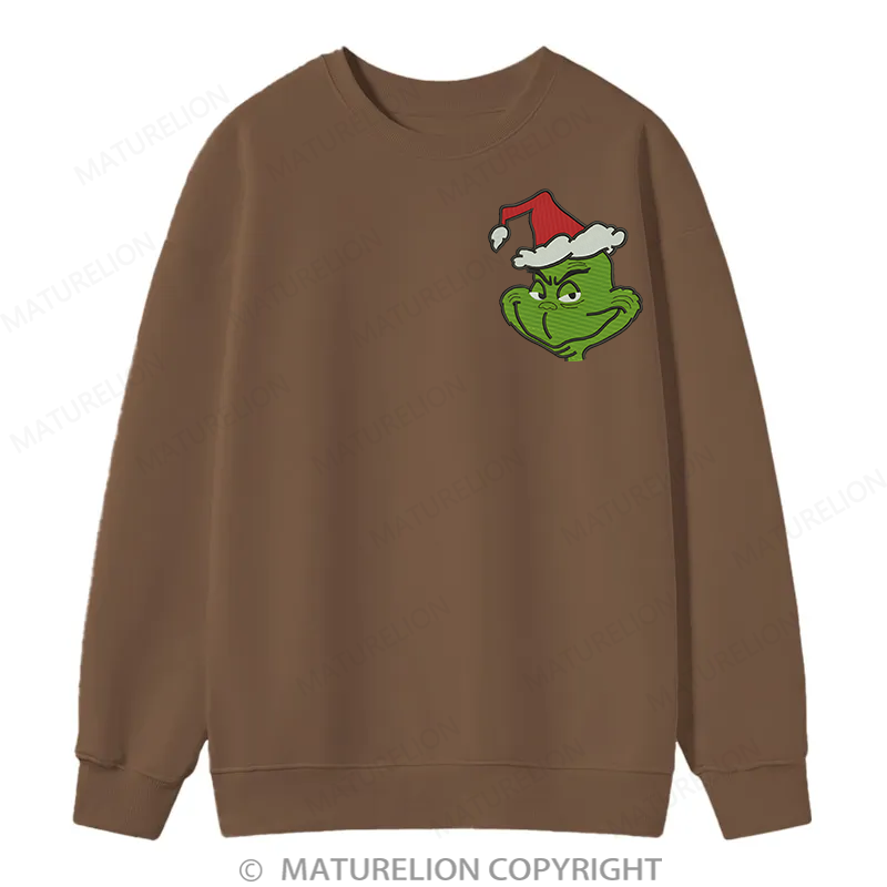Maturelion Grinch Head Embroidery  Christmas Cotton Sweatshirt