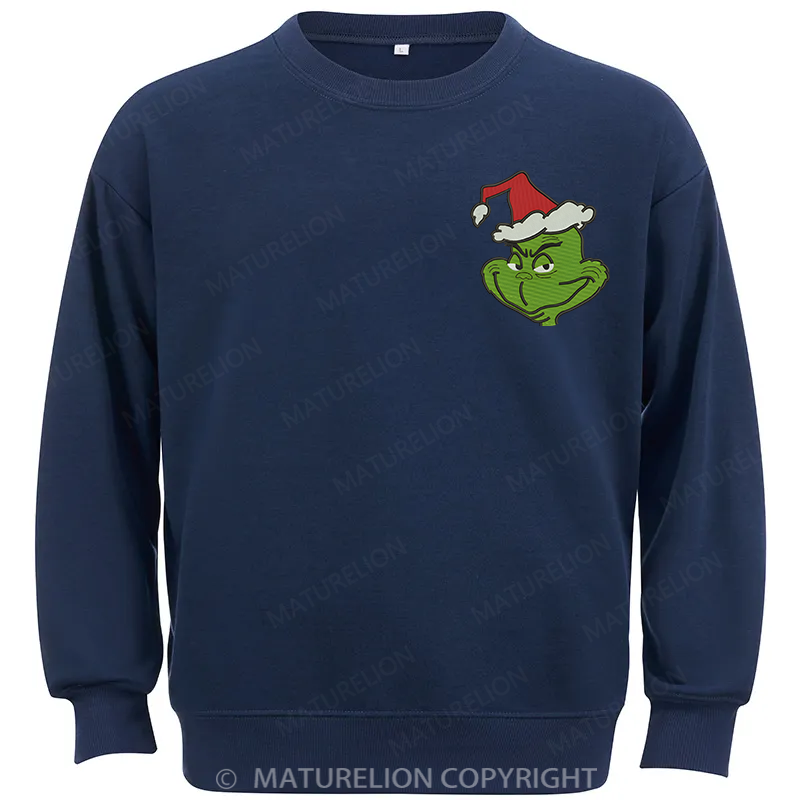 Maturelion Grinch Head Embroidery  Christmas Cotton Sweatshirt