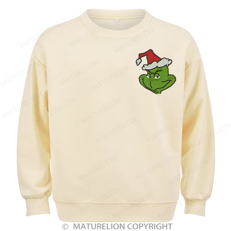 Maturelion Grinch Head Embroidery  Christmas Cotton Sweatshirt