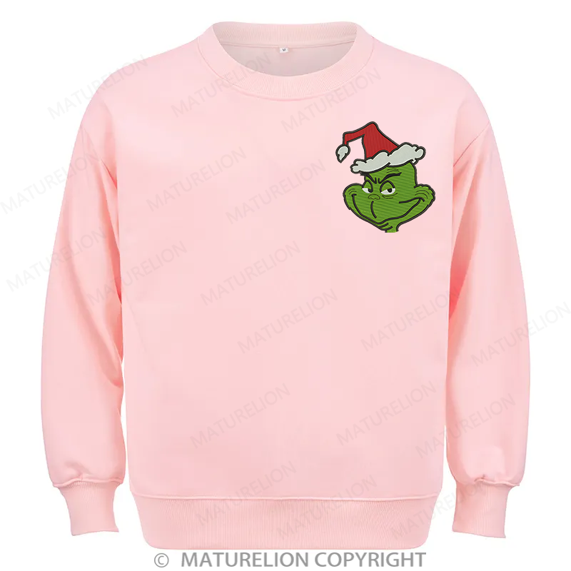 Maturelion Grinch Head Embroidery  Christmas Cotton Sweatshirt
