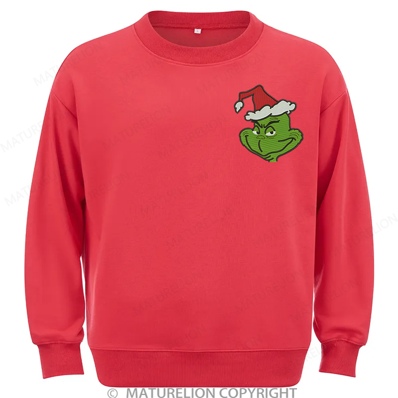 Maturelion Grinch Head Embroidery  Christmas Cotton Sweatshirt
