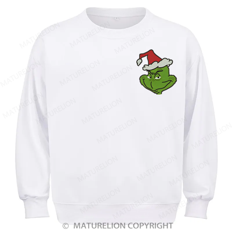 Maturelion Grinch Head Embroidery  Christmas Cotton Sweatshirt