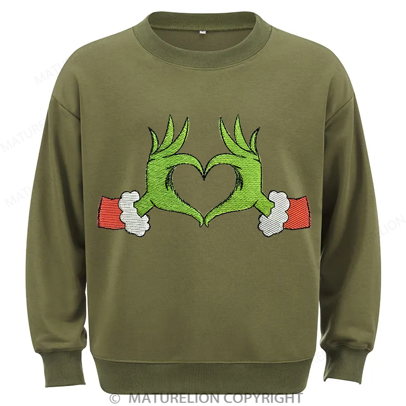 Maturelion Grinch Heart Embroidery Christmas Cotton Sweatshirt