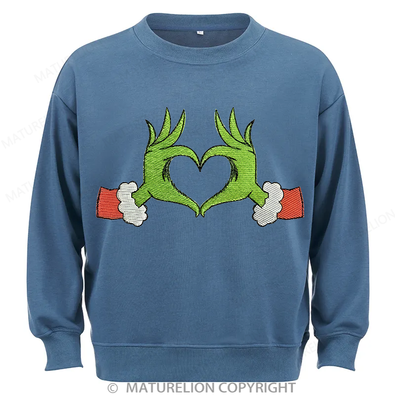 Maturelion Grinch Heart Embroidery Christmas Cotton Sweatshirt