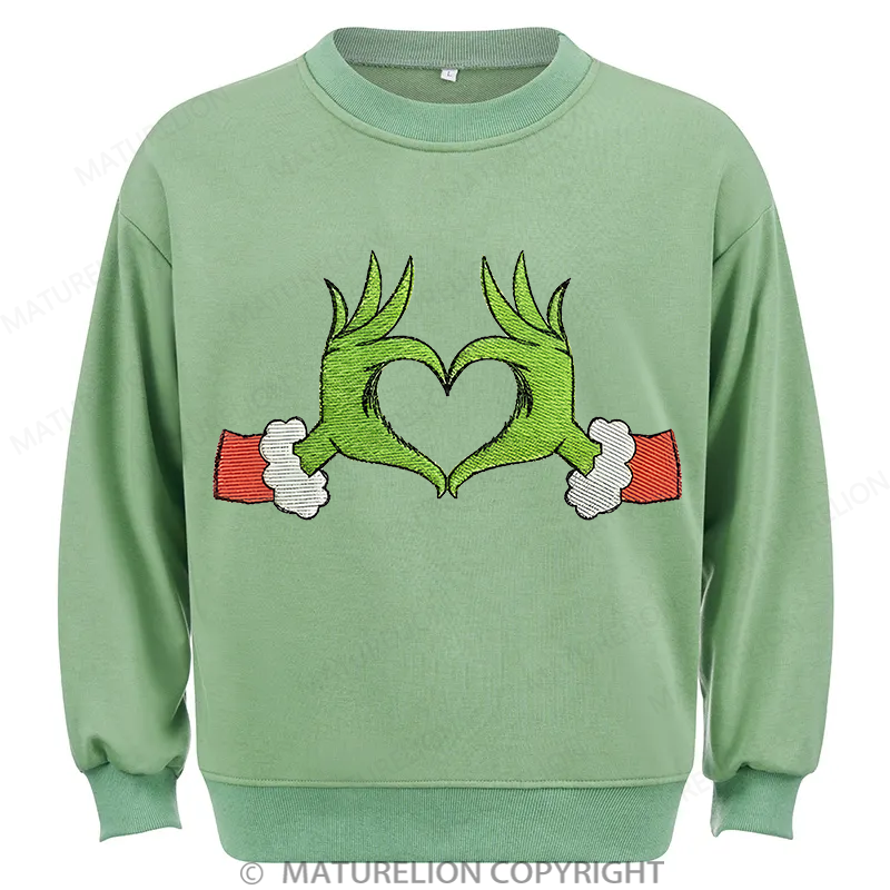 Maturelion Grinch Heart Embroidery Christmas Cotton Sweatshirt