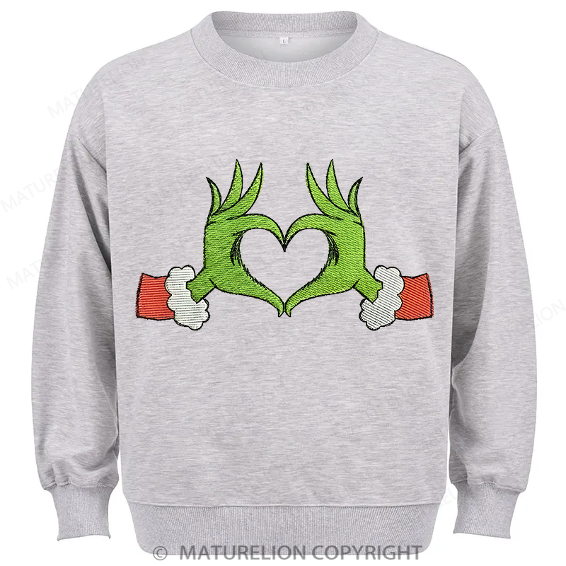 Maturelion Grinch Heart Embroidery Christmas Cotton Sweatshirt