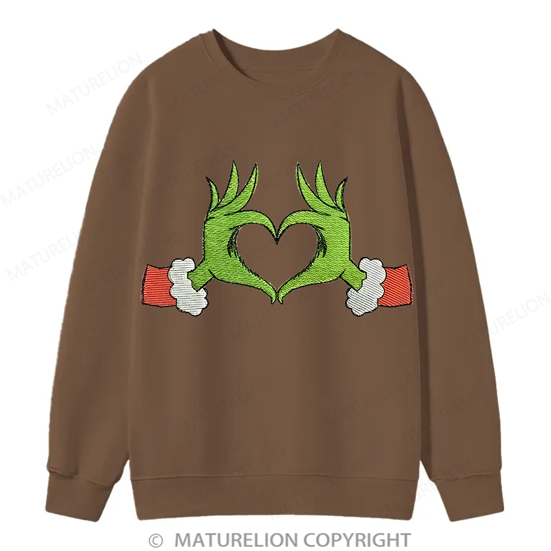 Maturelion Grinch Heart Embroidery Christmas Cotton Sweatshirt
