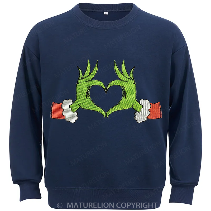 Maturelion Grinch Heart Embroidery Christmas Cotton Sweatshirt