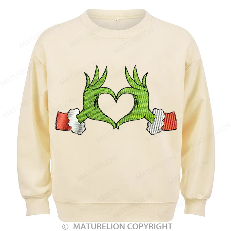 Maturelion Grinch Heart Embroidery Christmas Cotton Sweatshirt
