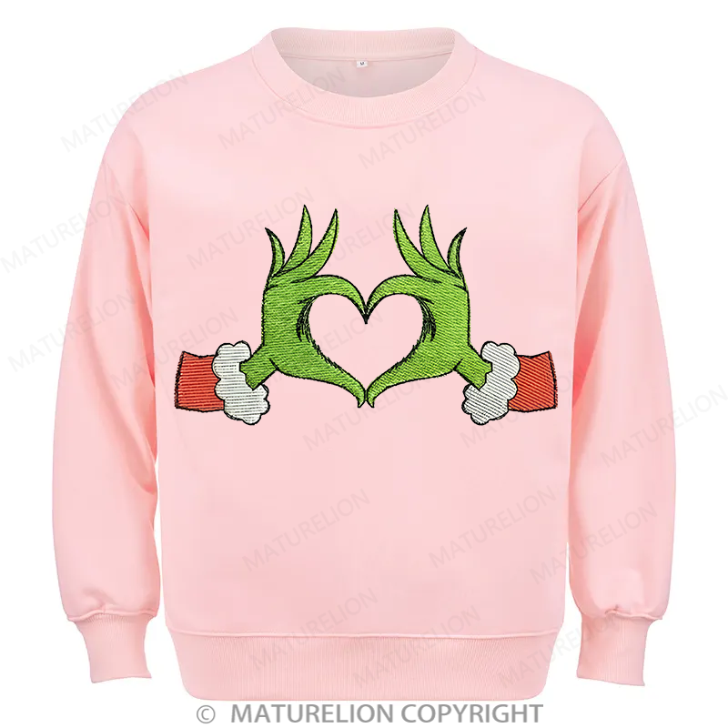Maturelion Grinch Heart Embroidery Christmas Cotton Sweatshirt