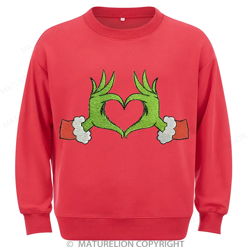 Maturelion Grinch Heart Embroidery Christmas Cotton Sweatshirt