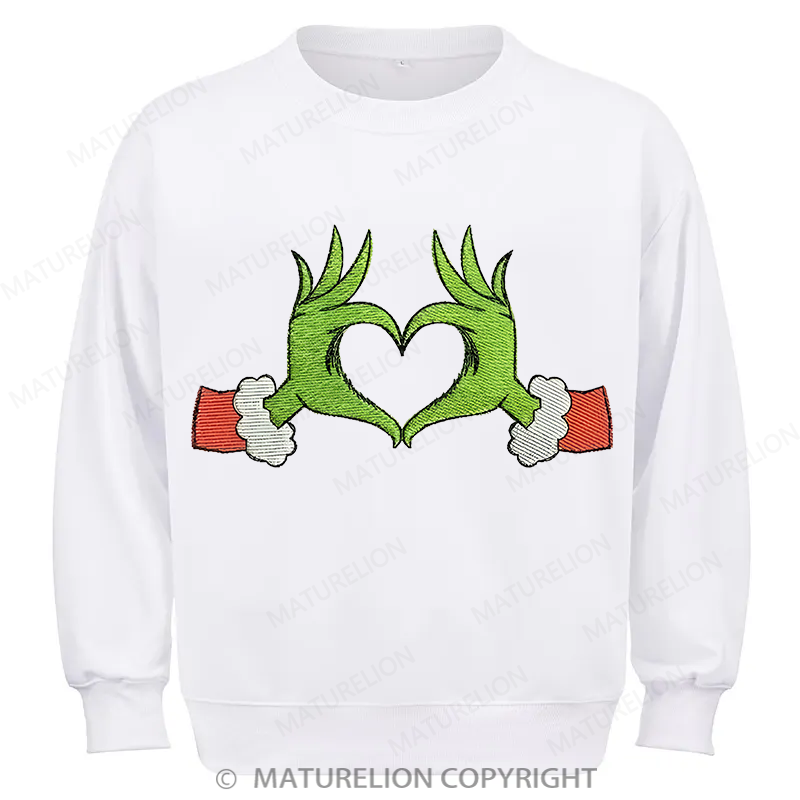 Maturelion Grinch Heart Embroidery Christmas Cotton Sweatshirt