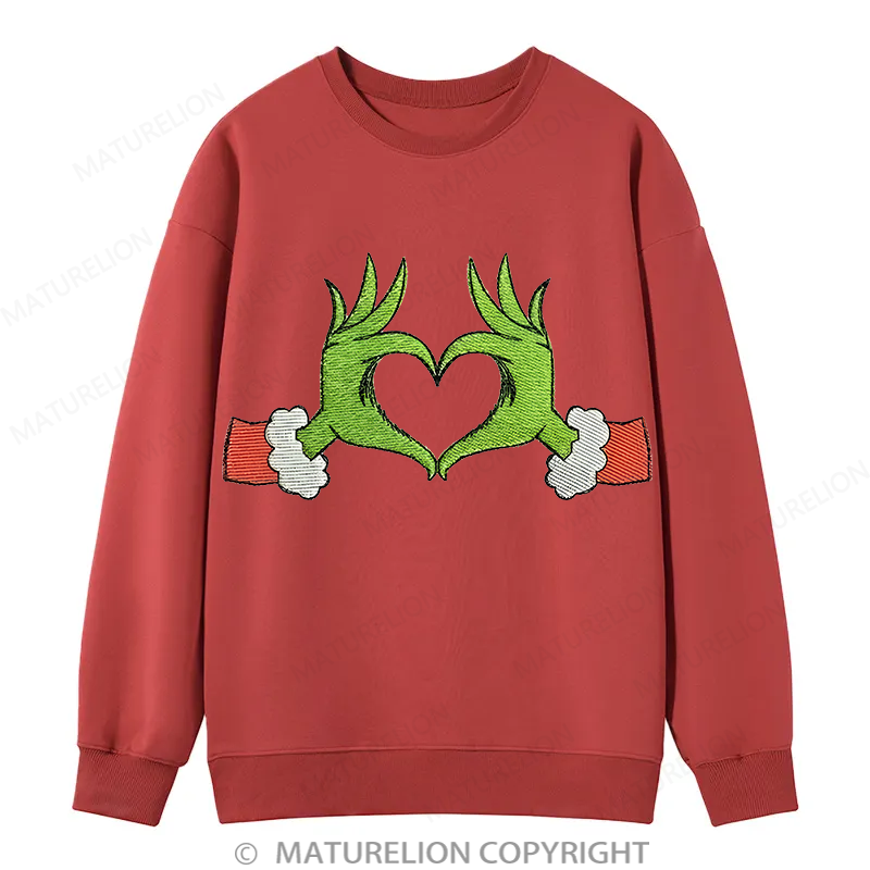 Maturelion Grinch Heart Embroidery Christmas Cotton Sweatshirt