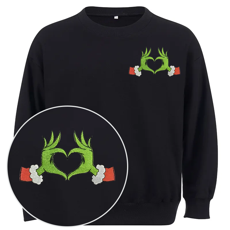 Maturelion Grinch Heart Embroidery Christmas Cotton Sweatshirt