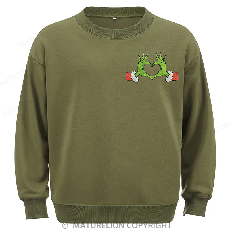 Maturelion Grinch Heart Embroidery Christmas Cotton Sweatshirt
