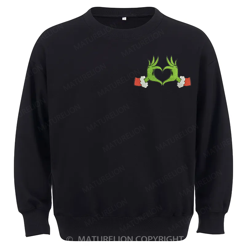 Maturelion Grinch Heart Embroidery Christmas Cotton Sweatshirt