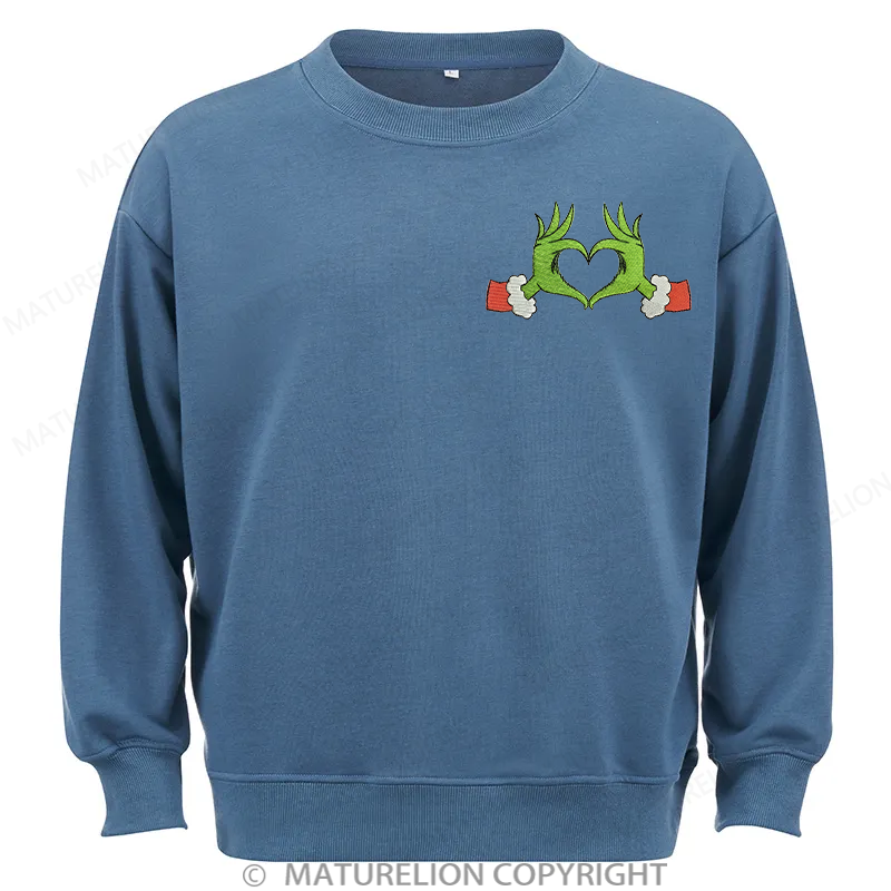 Maturelion Grinch Heart Embroidery Christmas Cotton Sweatshirt