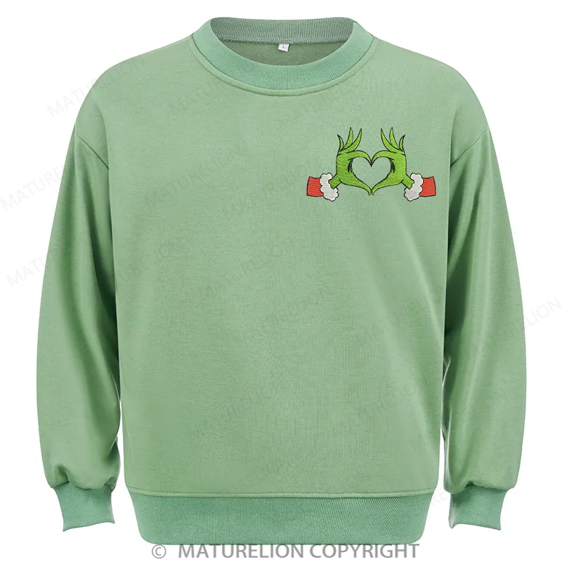 Maturelion Grinch Heart Embroidery Christmas Cotton Sweatshirt