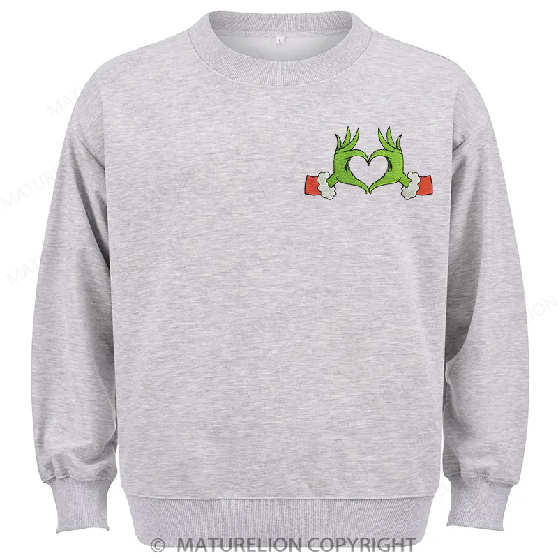 Maturelion Grinch Heart Embroidery Christmas Cotton Sweatshirt