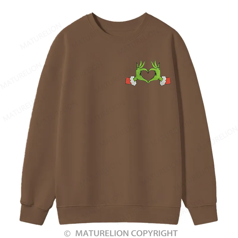 Maturelion Grinch Heart Embroidery Christmas Cotton Sweatshirt