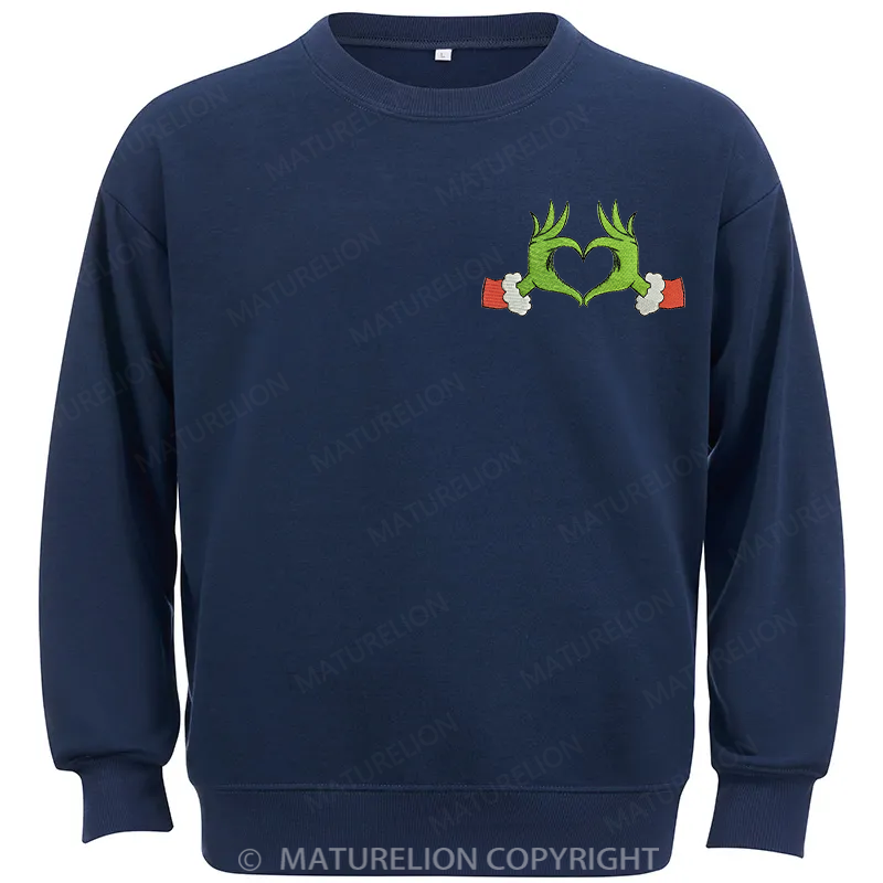 Maturelion Grinch Heart Embroidery Christmas Cotton Sweatshirt