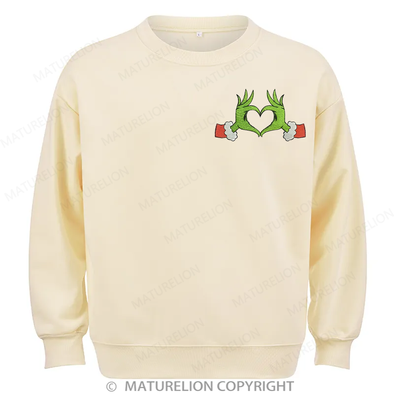 Maturelion Grinch Heart Embroidery Christmas Cotton Sweatshirt