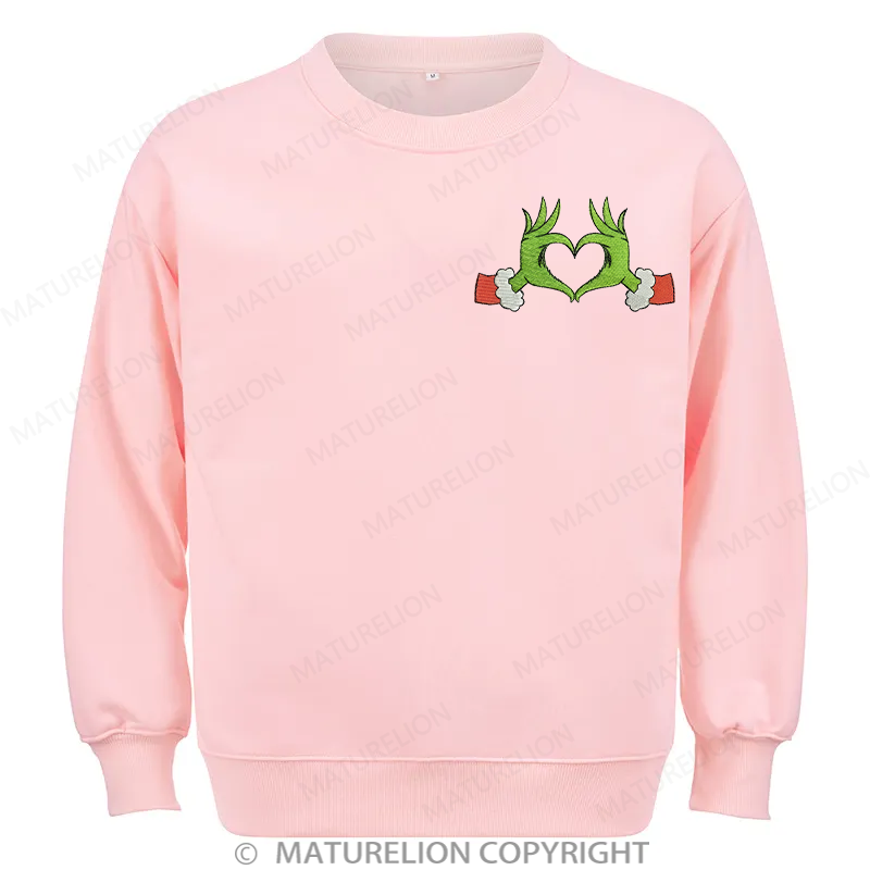 Maturelion Grinch Heart Embroidery Christmas Cotton Sweatshirt