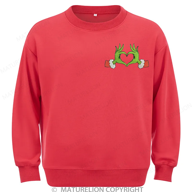 Maturelion Grinch Heart Embroidery Christmas Cotton Sweatshirt