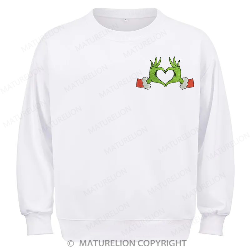 Maturelion Grinch Heart Embroidery Christmas Cotton Sweatshirt