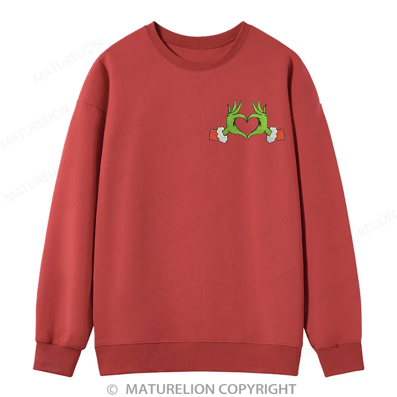 Maturelion Grinch Heart Embroidery Christmas Cotton Sweatshirt