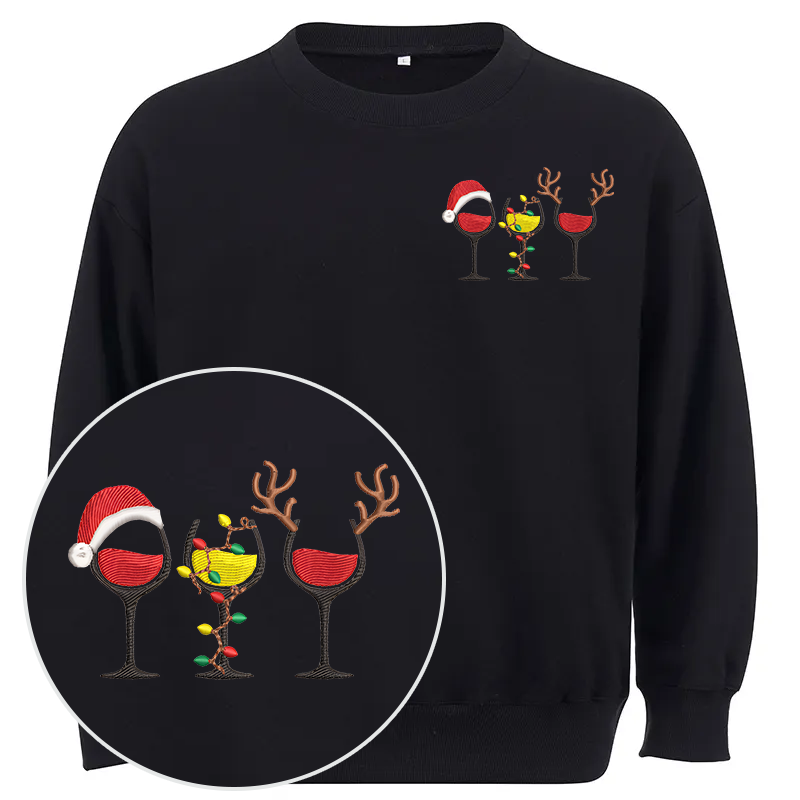 Maturelion Merry Christmas Wine Glasses Embroidery  Christmas Cotton Sweatshirt