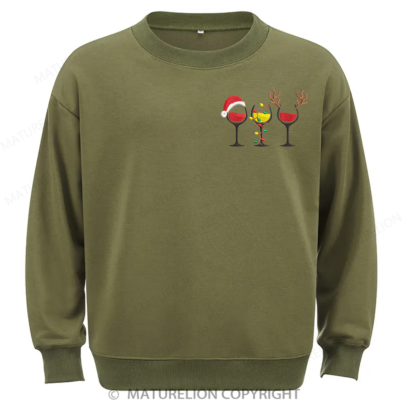 Maturelion Merry Christmas Wine Glasses Embroidery  Christmas Cotton Sweatshirt