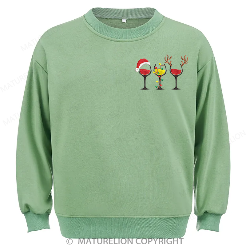 Maturelion Merry Christmas Wine Glasses Embroidery  Christmas Cotton Sweatshirt