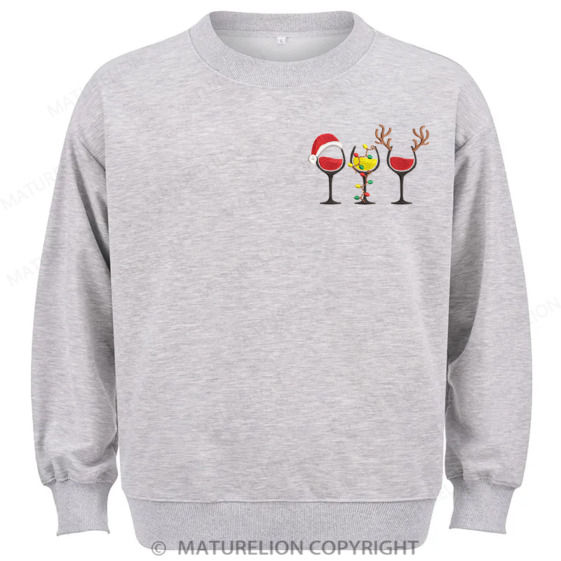 Maturelion Merry Christmas Wine Glasses Embroidery  Christmas Cotton Sweatshirt