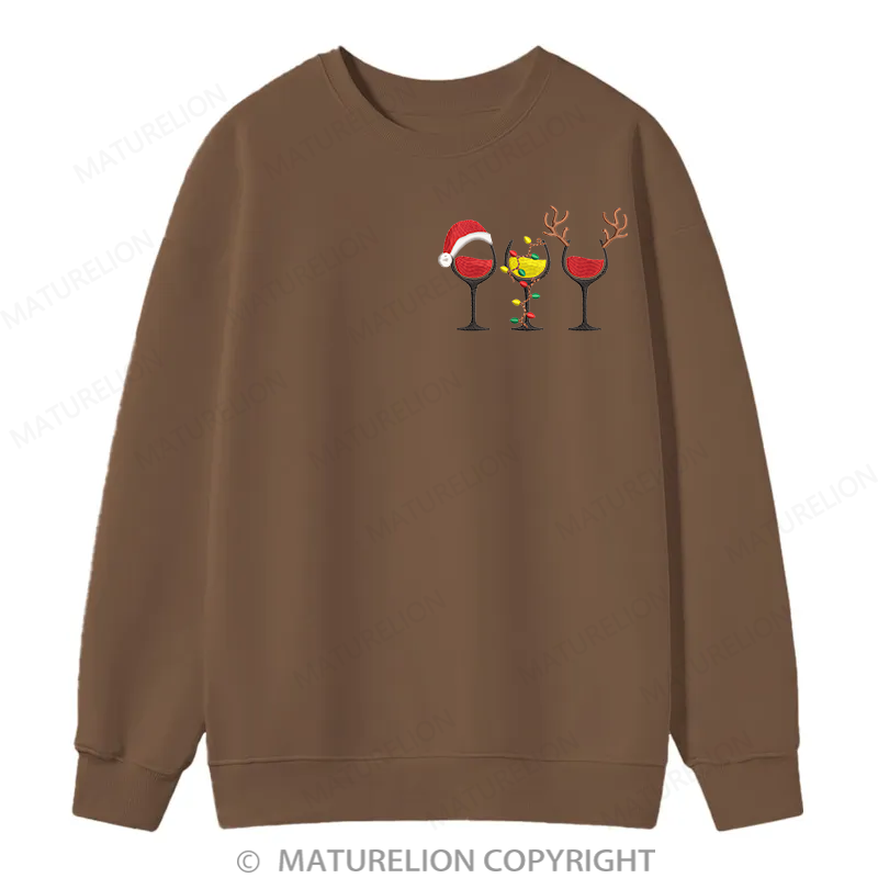 Maturelion Merry Christmas Wine Glasses Embroidery  Christmas Cotton Sweatshirt