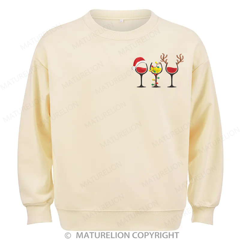 Maturelion Merry Christmas Wine Glasses Embroidery  Christmas Cotton Sweatshirt