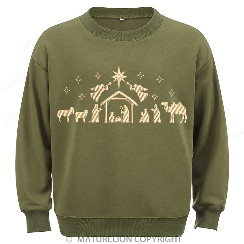 Maturelion Nativity Scene Embroidery  Christmas Cotton Sweatshirt